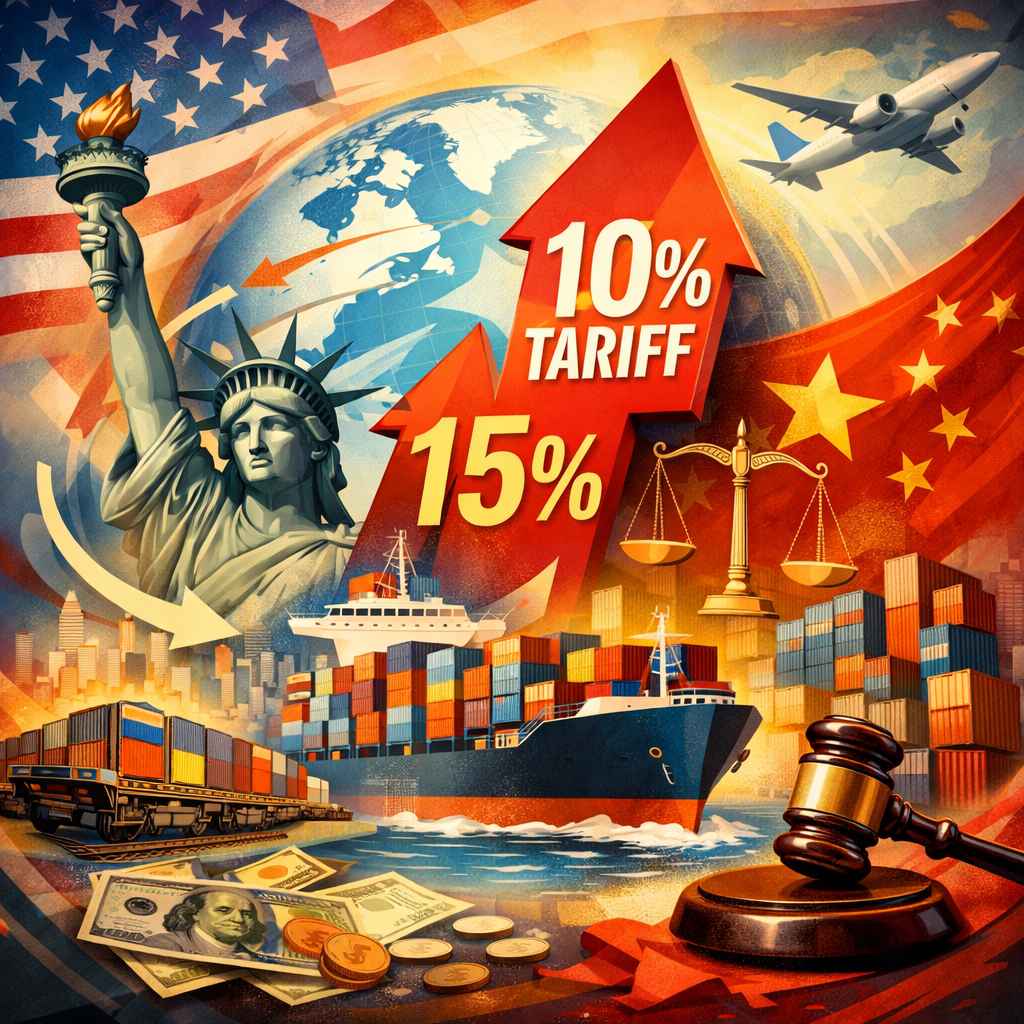 Illustrazione astratta di commercio globale con container, navi e frecce che indicano dazi del 10% e del 15%