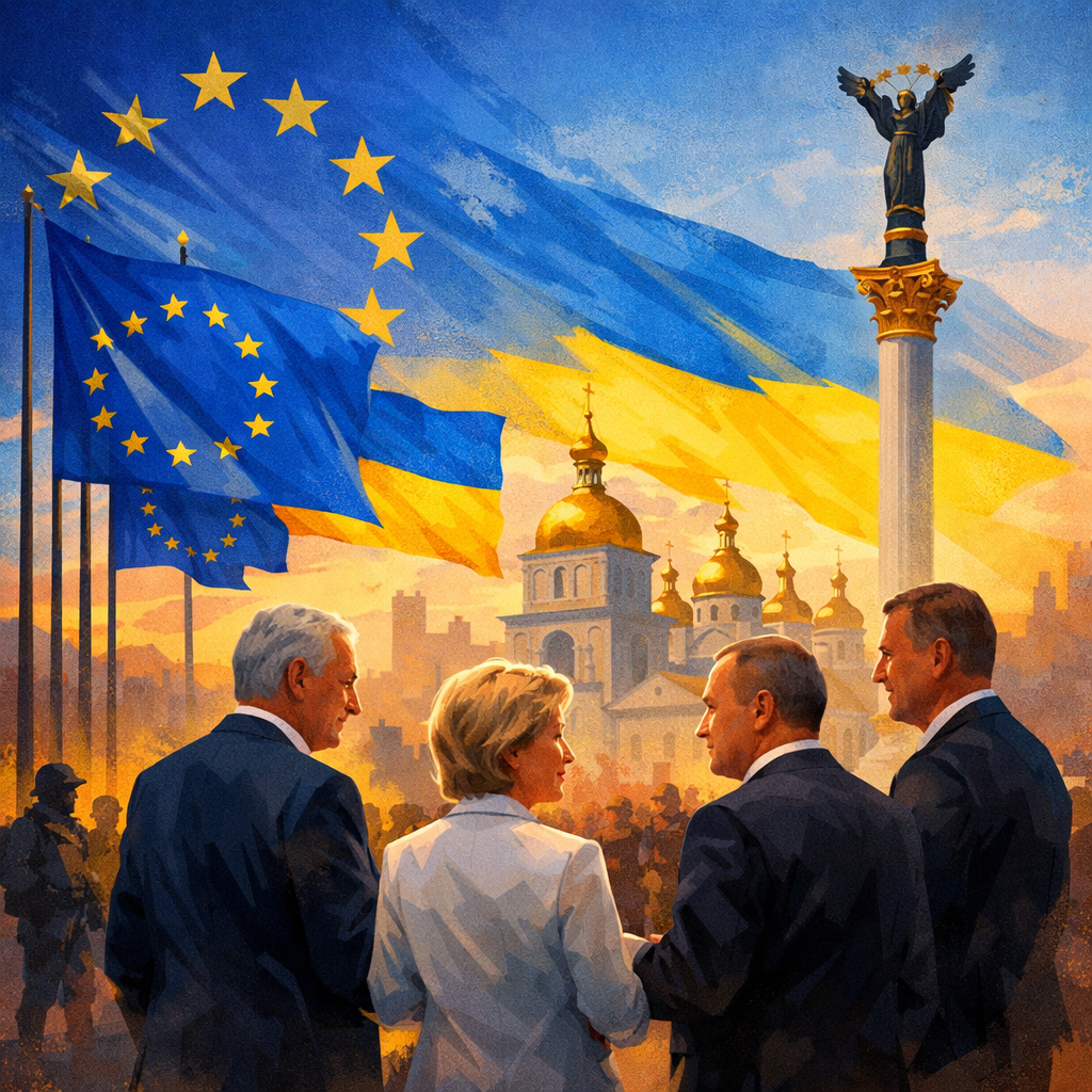 Illustrazione astratta con bandiere UE e Ucraina che simboleggia solidarietà