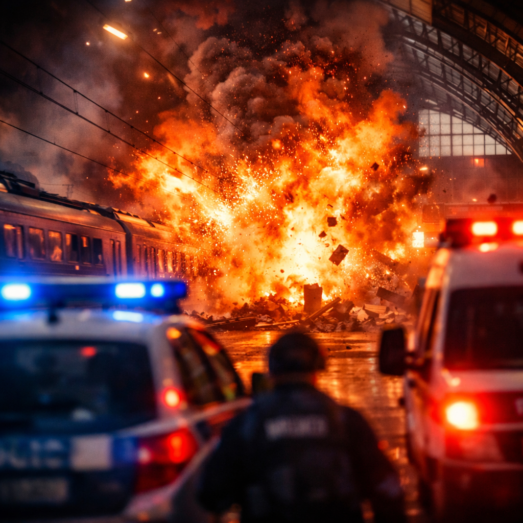 Illustrazione astratta di un’esplosione in stazione ferroviaria con sirene e luci rosse e arancioni, simbolo dell’attacco alla stazione Savyolovsky a Mosca.