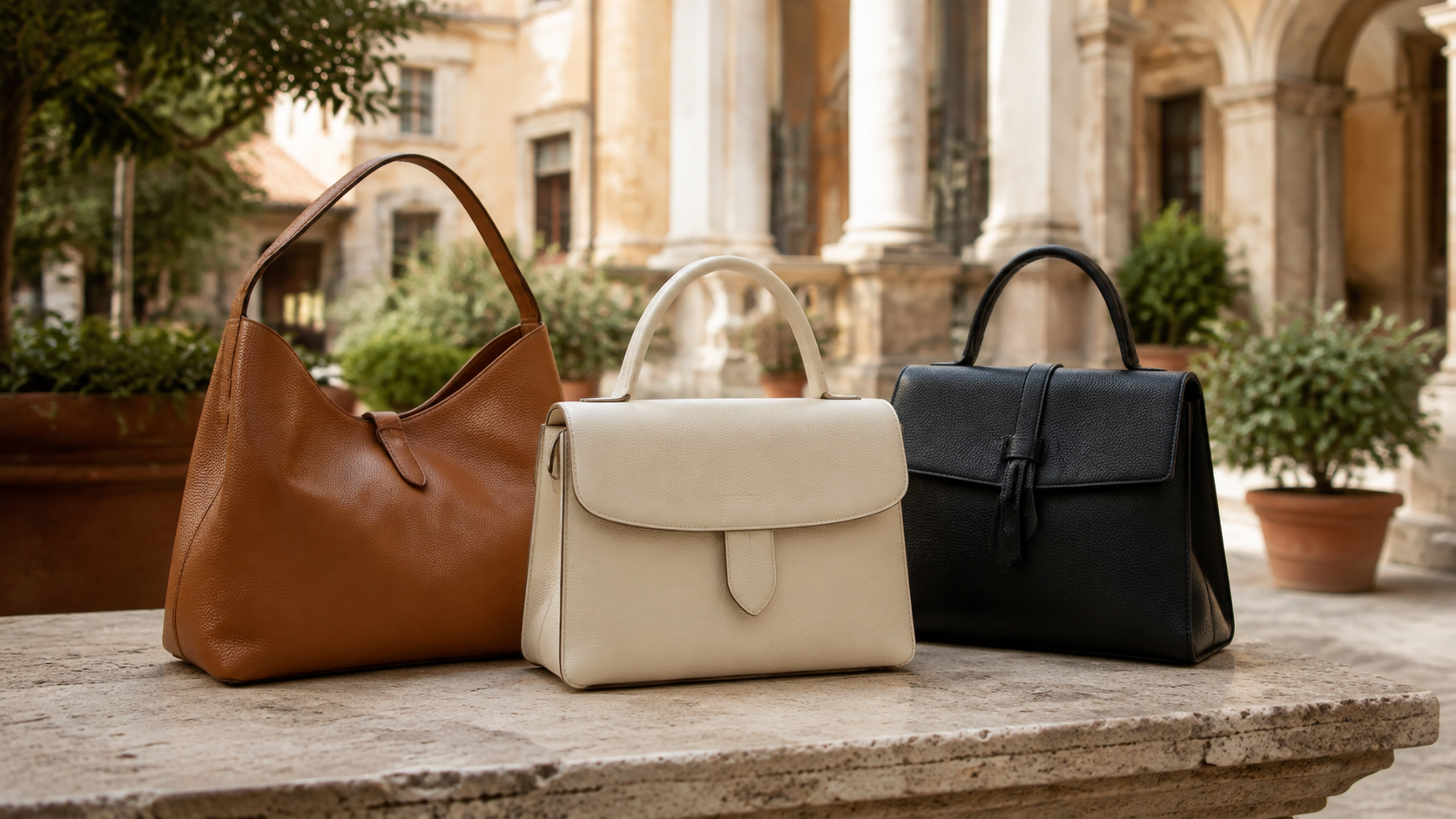 Tre borse in pelle color cuoio, crema e nero su un tavolo in un cortile romano