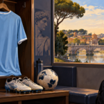 Maglia celeste senza stemmi in uno spogliatoio, con pallone e veduta illustrata di Roma