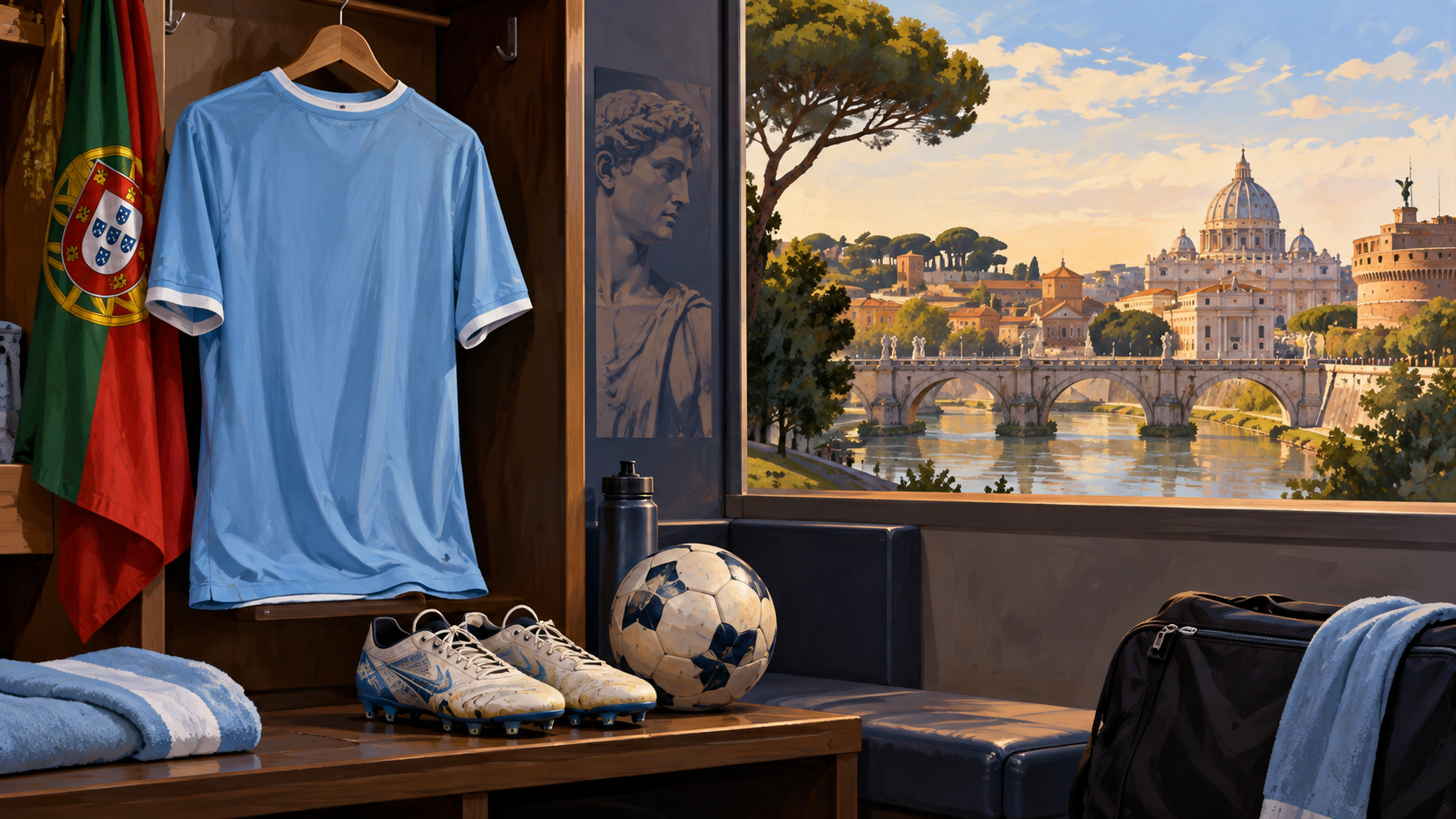 Maglia celeste senza stemmi in uno spogliatoio, con pallone e veduta illustrata di Roma