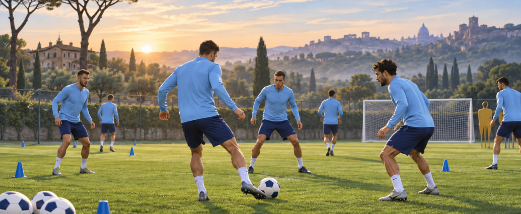 Illustrazione di calciatori in maglia celeste durante esercizi con il pallone su un campo di allenamento