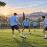 Illustrazione di calciatori in maglia celeste durante esercizi con il pallone su un campo di allenamento