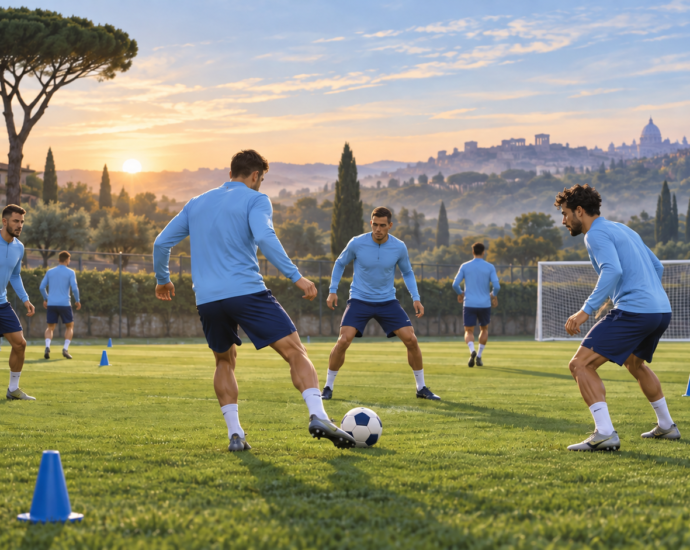 Illustrazione di calciatori in maglia celeste durante esercizi con il pallone su un campo di allenamento