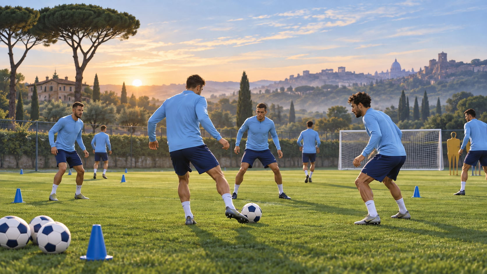 Illustrazione di calciatori in maglia celeste durante esercizi con il pallone su un campo di allenamento