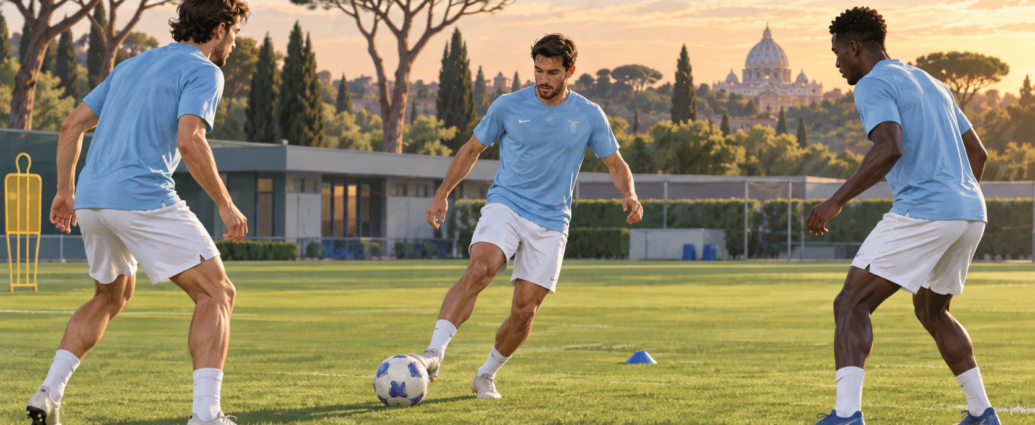 Illustrazione di un allenamento di calcio con giocatori in tenuta celeste e bianca