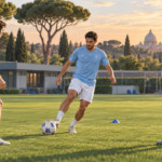 Illustrazione di un allenamento di calcio con giocatori in tenuta celeste e bianca