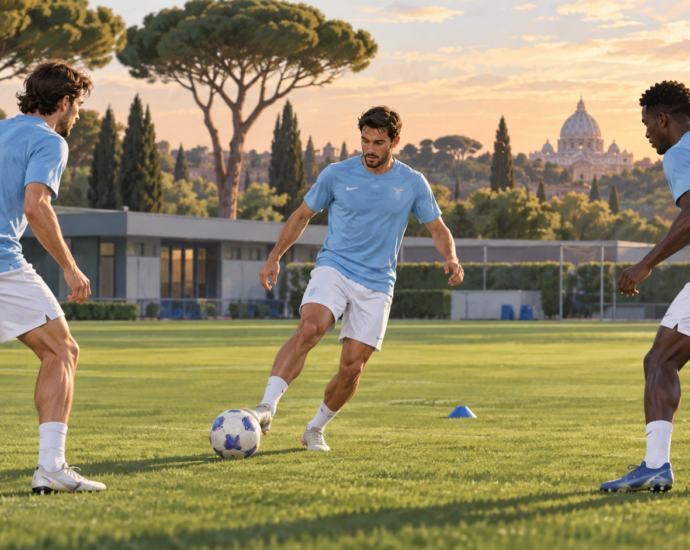 Illustrazione di un allenamento di calcio con giocatori in tenuta celeste e bianca