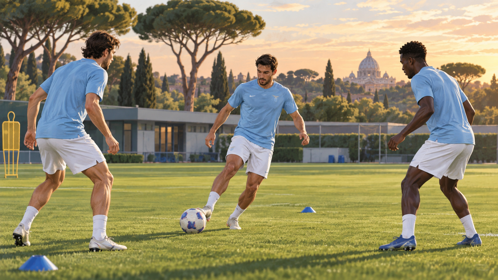 Illustrazione di un allenamento di calcio con giocatori in tenuta celeste e bianca