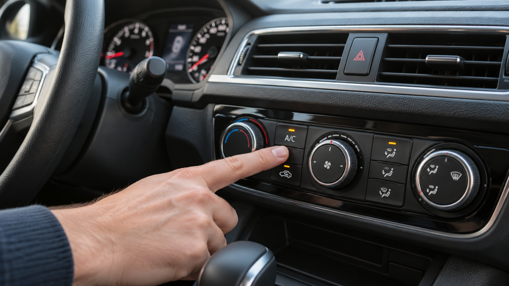 Mano sul comando del climatizzatore acceso, con bocchette e quadro strumenti dell’auto sullo sfondo