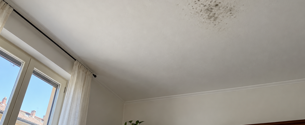 Piccola zona di muffa sul soffitto bianco di una stanza, osservata dal basso vicino a una finestra