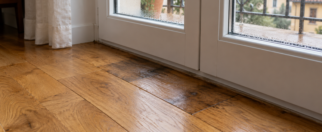Parquet in rovere con una zona scura vicino alla soglia di una portafinestra bianca con gocce sul vetro