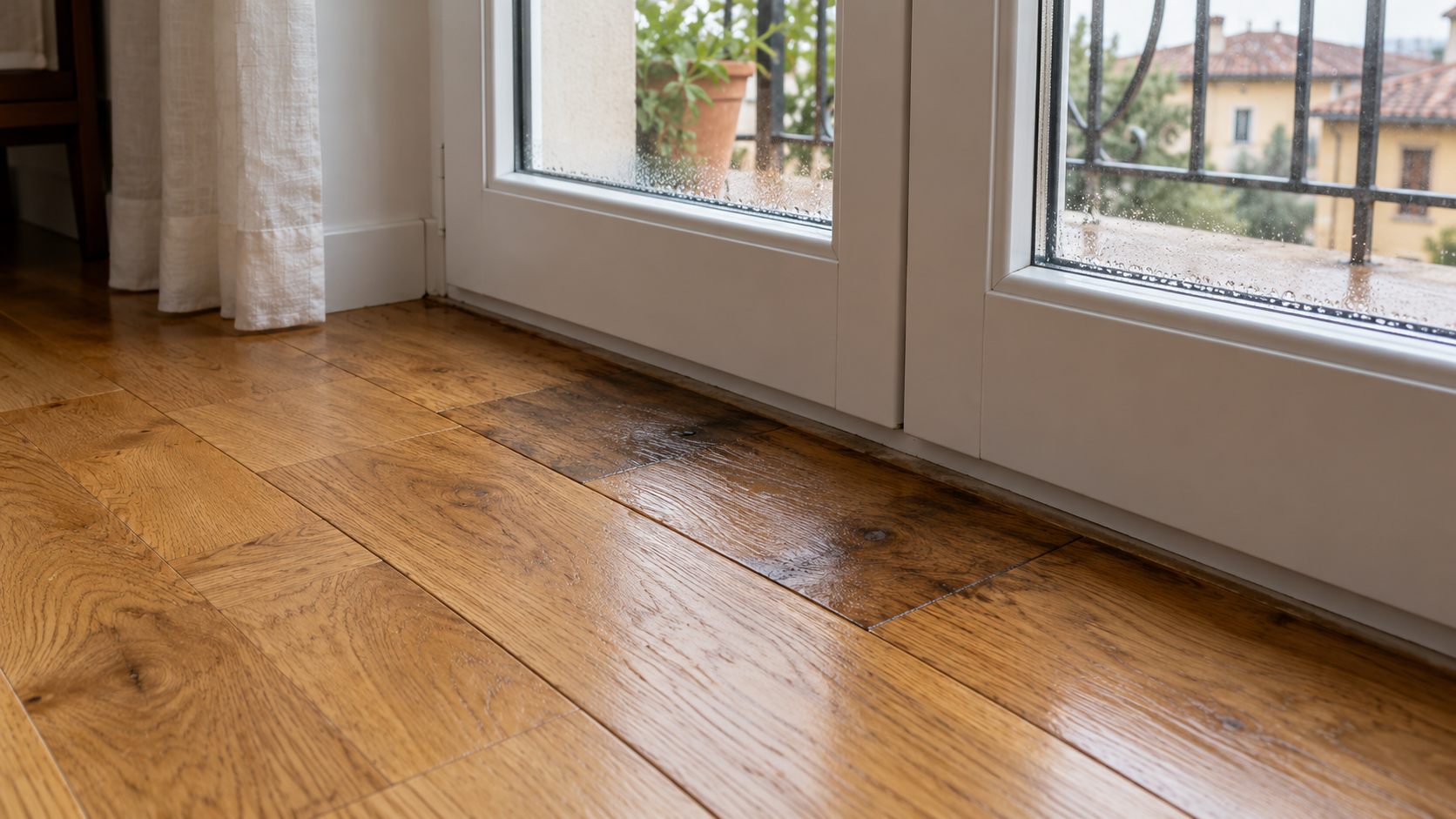 Parquet in rovere con una zona scura vicino alla soglia di una portafinestra bianca con gocce sul vetro